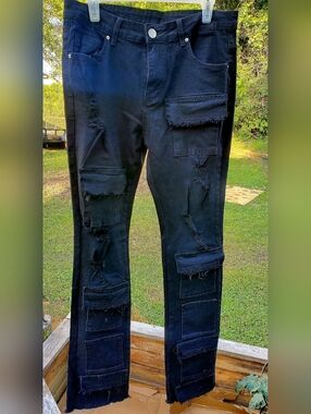 NEW ROMWE Black Skinny Distressed Patch Pocket Jeans Size M (38)